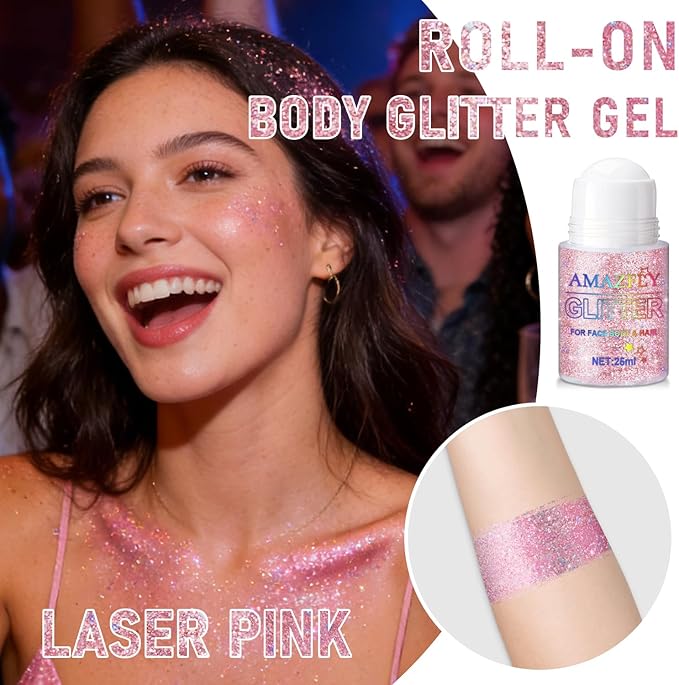 Roll-on Holographic Body Glitter Gel for Face and Hair, Chameleon Color Changing Glitter Gel Under Light, Chunky Mermaid Sequins Festival Party Rave Accessories (Pink)
