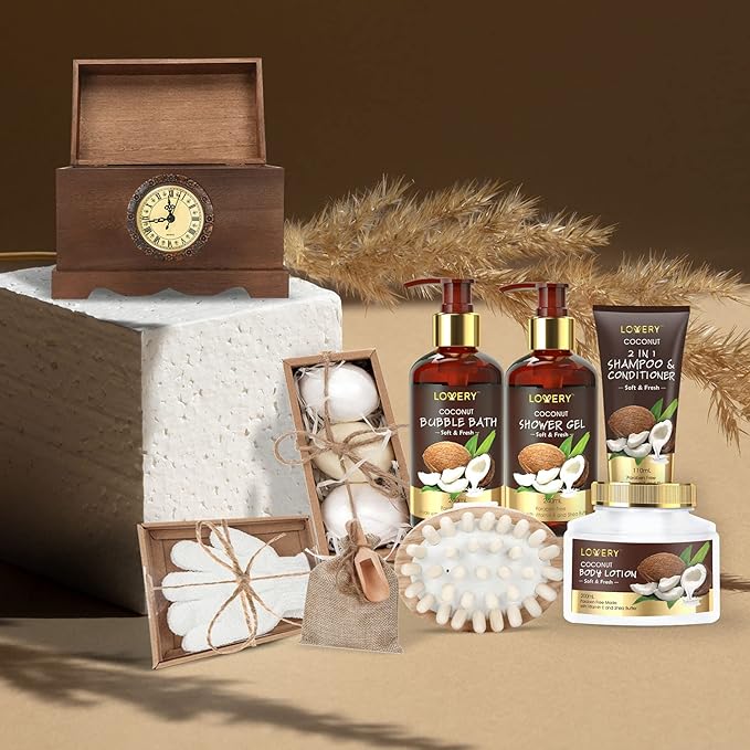 Mens Gift, Bath Set in a Vintage Style Wooden Clock Box, 13Pc Premium Coconut Spa Kit for Men & Women, Body Lotion, Handmade Soap, Bath Bomb, Coconut Shampoo & Conditioner, Massager & More