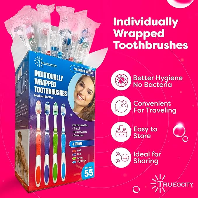 Trueocity Toothbrushes Bulk Individually Wrapped – 55 Pack Medium Bristle, Multi-Colored Toothbrushes for Adults and Kids, Travel & Hospitality Multi-Pack