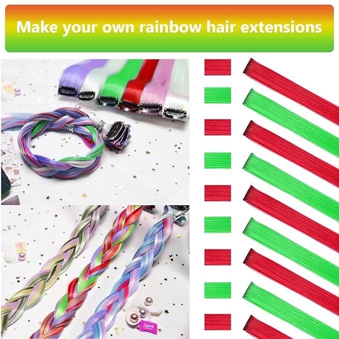Colored Hair Extensions 10 PCS, Colorful Party Highlights Clip in Long Synthetic Hairpieces, Red and Green Hair Extensions for Girls Women Kids Cosplay Gifts 22 Inch