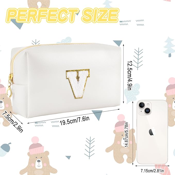 URSKYTOUS Gifts for Girls Initial Makeup Bag Personalized Cosmetic Bag with Zipper Cute Travel Toiletry Bags Waterproof PU Preppy Makeup Pouch Birthday Gift for Teen Girls Women(White V)