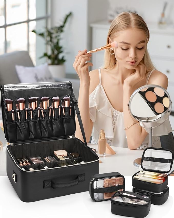 Relavel Extra Large Makeup Case Professional Cosmetic Storage Organizer Box Brush Holder with 4 Clear Set Bags for Makeup Artists with Shoulder Strap & Adjustable Dividers, Leather Black