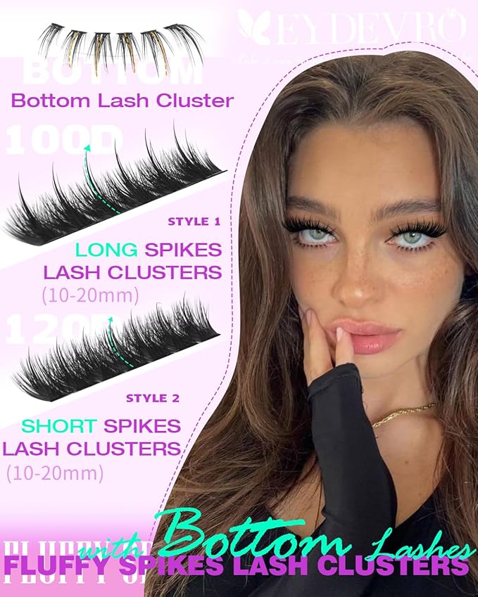 EYDEVRO Fluffy Lash Clusters with Bottom Lashes Volume Eyelash Clusters with Spikes Thick Full 10-20mm Cluster Eyelash Extensions D Curl Individual Cluster Lashes Fairy Manga DIY Lash Extensions