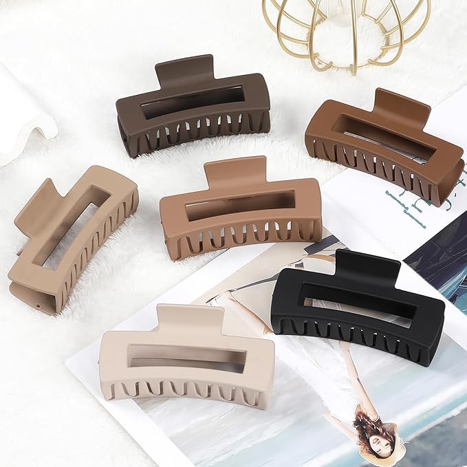 4 Inch Big Hair Claw Clips 6 Pcs Large Claw for Thick Hair Square Hair Clips for Women Rectangle Hair Clips Nonslip Acrylic Banana Jaw Clips Hair Accessories for Girls (Coffee Brown)