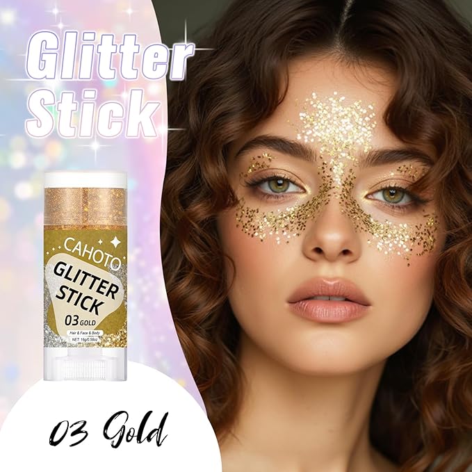 Gold Face Body & Hair Glitter Stick for Singer Concerts Outfit, Shimmer Stick Gel for Women, Sparkling Holographic Chunky Sequins for Mardi Gras Rave Festival Halloween Carnival, 0.56oz