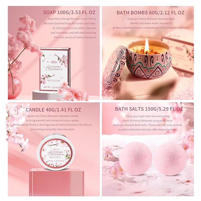 Bath and Body Gift Set for Women & Girls - Japanese Cherry Blossom 7-Piece Luxurious Home Spa Gift Set with Shower Gel, Body Lotion, Bath Oil, Bath Salts, Soap, Bath Bombs, and Candle