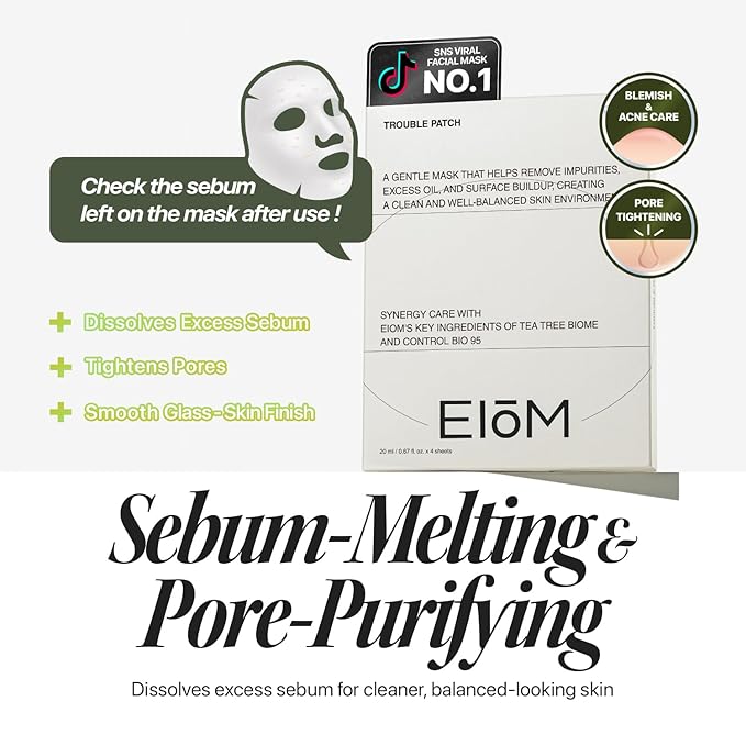 EIOM Trouble Patch Mask | Full-Face Acne Sheet Mask for Acne-Prone & Oily Skin – Blemish & Sebum Control Mask with Tea Tree Biome | Korean Skincare, 20ml x 4