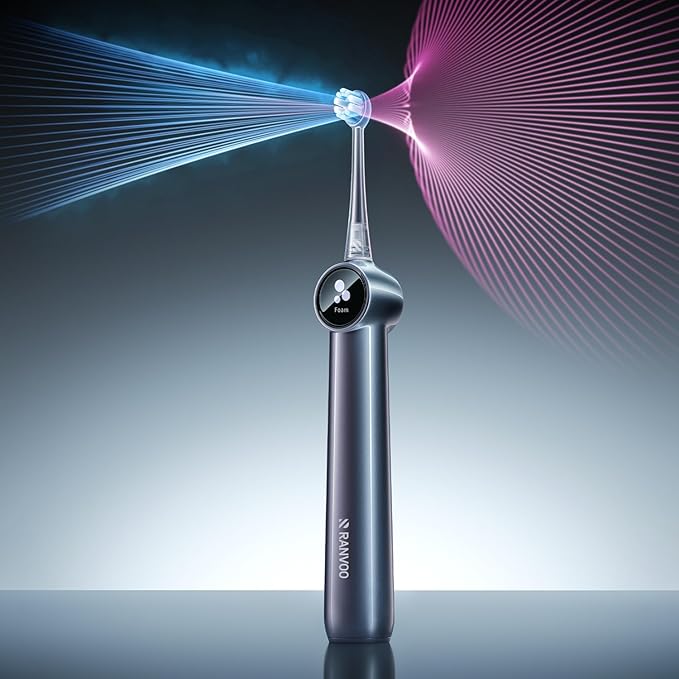 RANVOO AirBlast [Next-Gen Jet-Flow | Maximum Clean Power] AI Sonic Electric Toothbrush, 100% Plaque Removal, Whitening & Gum Care, 60-Day Battery Life, Rechargeable with 3 Pro Brush Heads, Space Gray
