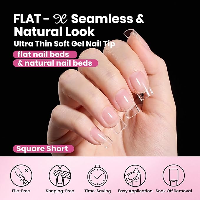 Beetles Gel Nail Tips Square Short, 320pcs 16 Sizes, Flat-X Pre-Etched Half Matte Full Cover Soft Acrylic Press on False Nail Extension Tips Easy DIY Salon Art for Flat & Natural Nail Beds