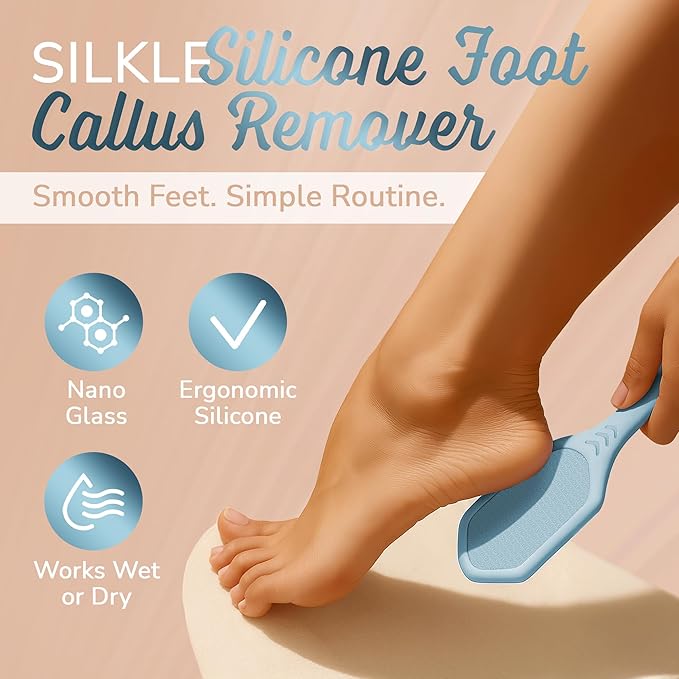 Nano Glass Foot File - Silicone Foot Callus Remover for Feet and Cracked Heels - Heel Scraper for Dead Skin - Ergonomic Foot Scrubber & Exfoliator for Shower with Non-Slip Grip - Blue