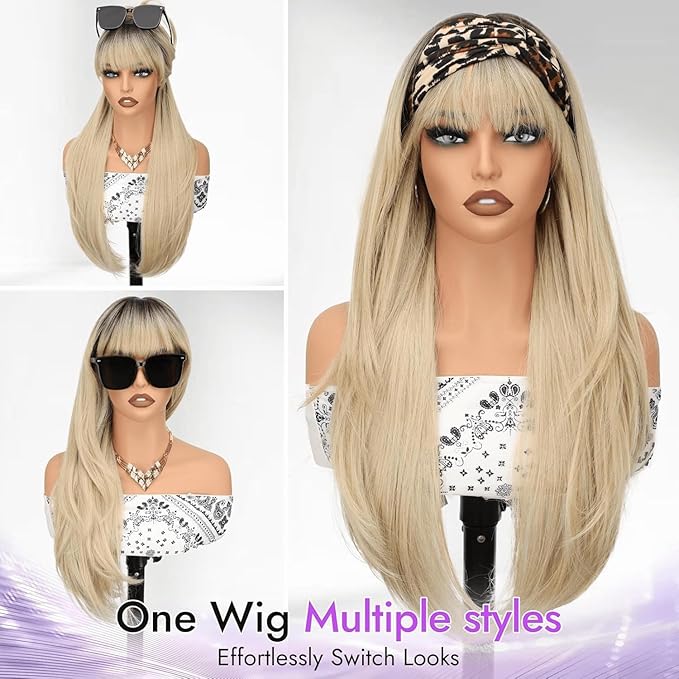 Long Ombre Blonde Wig with Bangs for Women,4x4 Realistic Scalp,Free Parting,Layered Hairstyle Synthetic Heat Resistant for Daily Party Use 26 inch