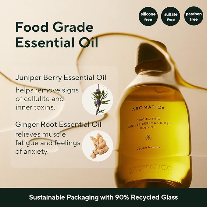 AROMATICA Circulating Body Oil Juniper Berry & Ginger -3.38 fl. oz. - Aromatherapy Massage Oil - Vegan Essential and Non Toxic Oil - After Shower Body Oil for Women