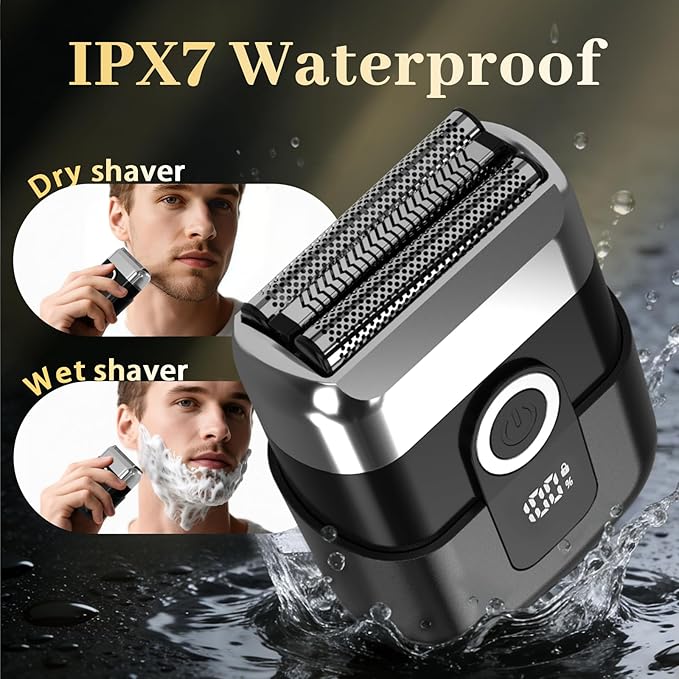 Electric Foil Shaver for Men: Mini Electric Razor for Face/Beard - 3 Floating Blades Cordless Razor with LED Display - IPX7 Waterproof Wet Dry Shaving for Travel & Home, USB Type C