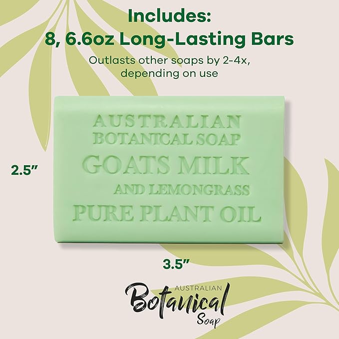 Australian Botanical Soap, Goat Milk Soap and Lemongrass, 6.6 oz. Bars, Triple Milled Body Cleanser, Made in Australia with African Shea Butter and Native Goat Milk, All Skin Types, Pack of 8