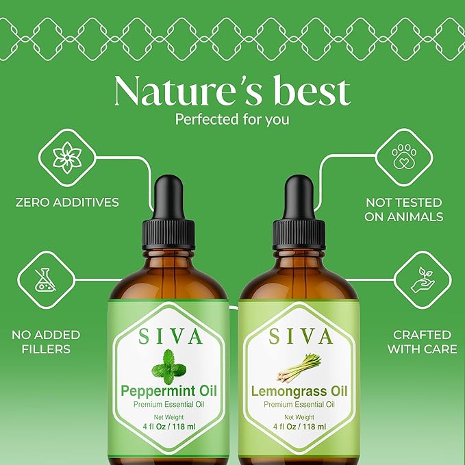 Siva Peppermint Essential Oil and Lemongrass Essential Oil 4oz Bundle Super Saver Combo – Premium Grade Value Set for Aromatherapy, Scalp Massage, Hair Care, Skin & Body