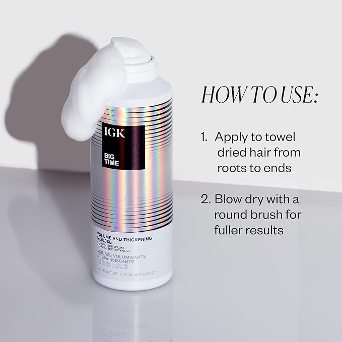 IGK BIG TIME Volume & Thickening Mousse | Moveable + Fullness + Frizz Control | Vegan + Cruelty Free | 6.2 Oz
