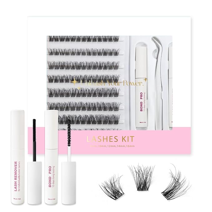 Lash Extension Kit DIY Lash Clusters 10-16mm 104pcs Individual Lashes Clusters Soft Thin Band Natural Volume Eyelash Extension with Lash Bond and Remover, Lash Tweezers for Self Use 33#