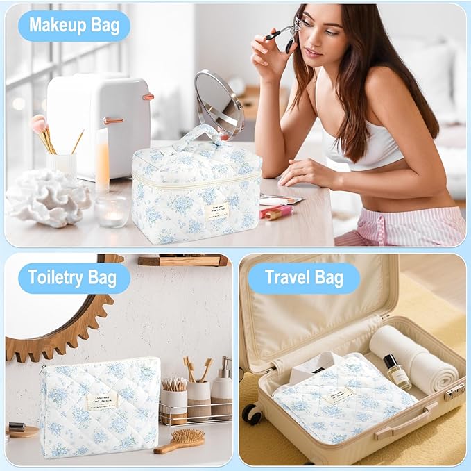 URSKYTOUS 2Pcs Cotton Quilted Makeup Bag for Women Girls Large Small Travel Floral Cosmetic Bags Set Cute Coquette Zipper Makeup Pouch for Purse Aesthetic Cloth Flower Storage Toiletry Bag Organizer