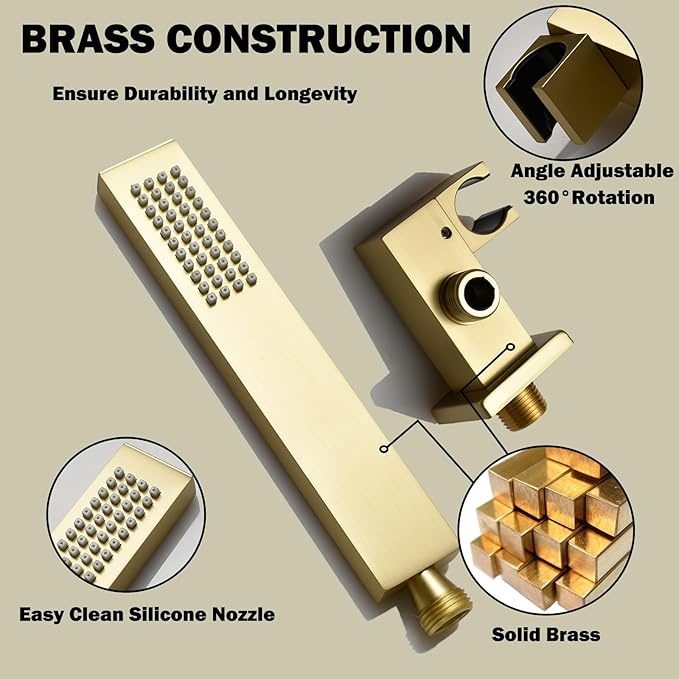 WHSHOWER Digital Display Shower Faucet Set With 14x20 Inch LED Rainfall Shower Head,Brass Handheld Sprayer And 6pcs Body Jets,Full Body Shower System (Brushed Gold)