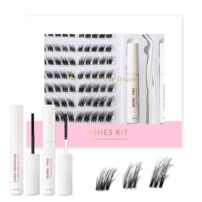 Lash Extension Kit DIY Lash Clusters 10-16mm 80pcs Individual Lashes Clusters Soft Thin Band Natural Volume Eyelash Extension with Lash Bond and Remover, Lash Tweezers for Self Use 40#