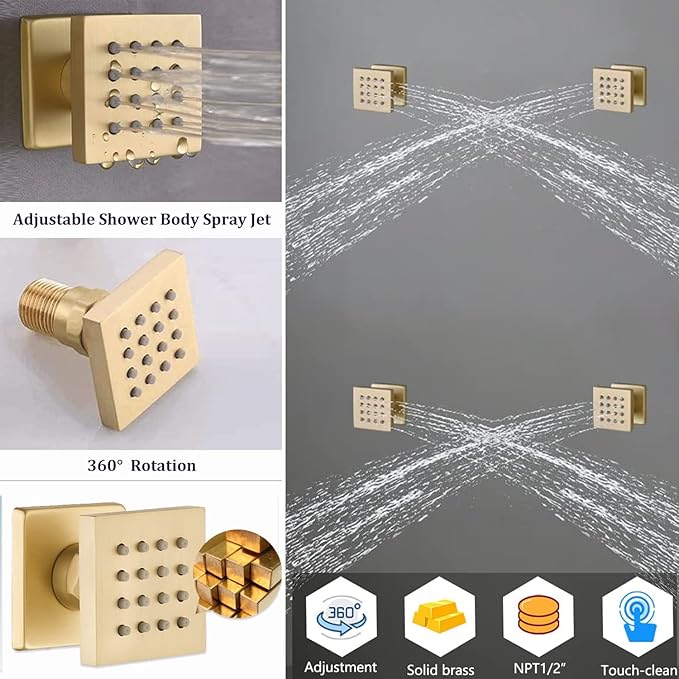 WHSHOWER Digital Display Shower Faucet Set With 12 Inch Rainfall Shower Head,Brass Handheld Sprayer And 6pcs Body Jets,Full Body Shower System (Brushed Gold)
