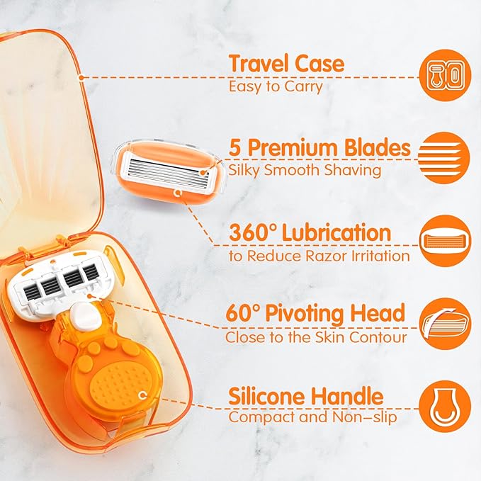 DreamGenius Travel Razors for Women Include 1 Handle and 2 Cartridges, Extra Smooth 5-Blade Travel Essentials Razor with Case for Shaving, Orange