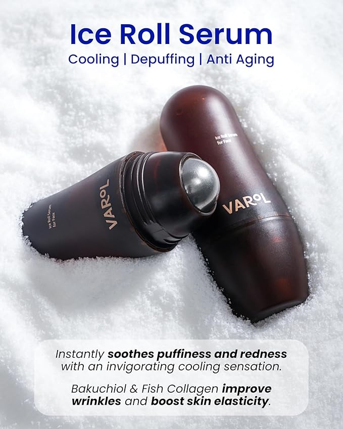 VAROL Ice Roll Serum for Face, Puffy Eyes, Under Eye Bags - Bakuchiol & Collagen for Wrinkles, Anti Aging, Ice Roller for Puffiness, Redness, Dark Circles - Korean Skin Care & Gua Sha, 1.69 Fl Oz