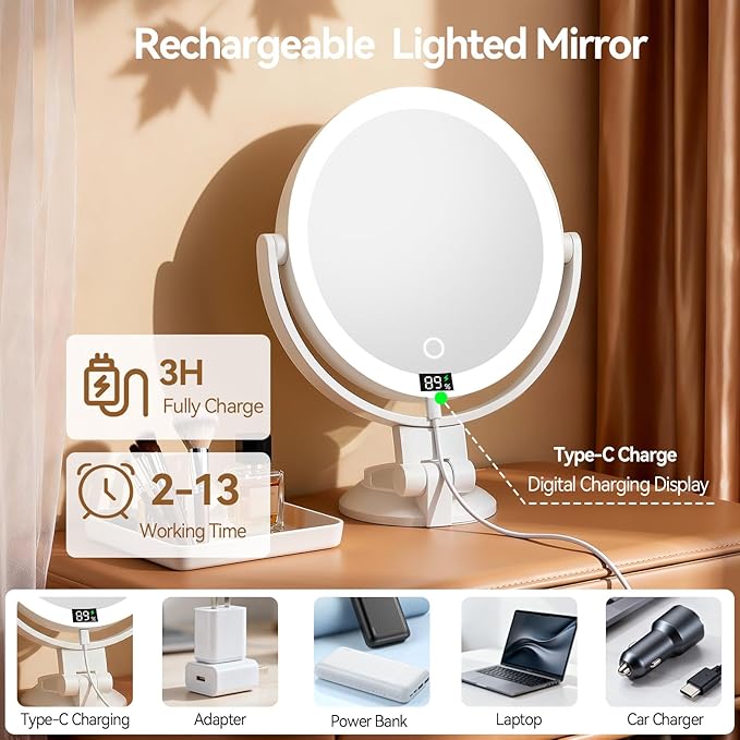 Shinowa Makeup Mirror with Lights, 20X Wall Mounted Lighted Magnifying Mirror, 2-Sided Vanity Mirror with 3 Color Lights & Brightness Adjustment, 360° Rotation Rechargeable Desk Mirror, Travel Mirror