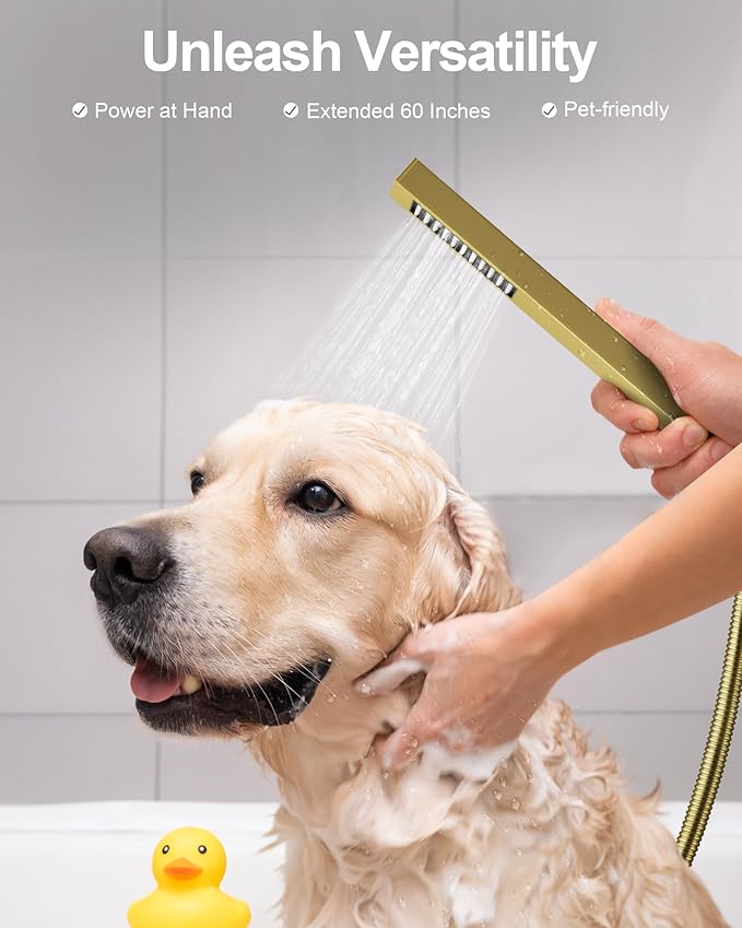 GRANDJOY Thermostatic Shower System, Dual Rainfall Shower Heads for Ceilling & Wall Mounted with Handheld Sprayer, Brushed Gold