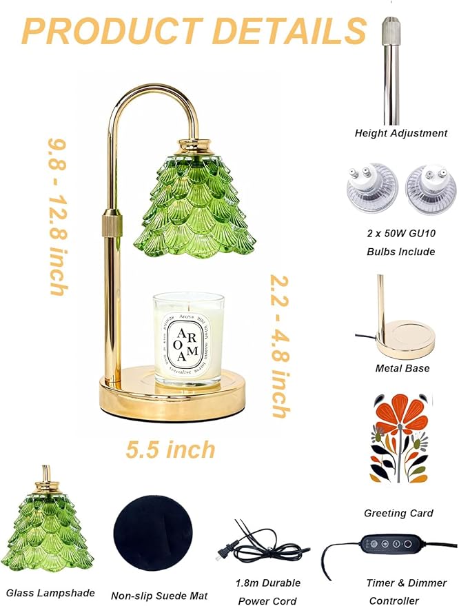 Candle Warmer, Flameless Green Candle Warmer Lamp with Timer, Adjustable lamp Candle Warmer for Jar Candles, Small Candle Warming Lamp, Cute Candle Light Warmer Candle Melter Lamp