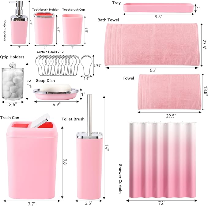 XLHOMO Pink Bathroom Accessories, 24 Pieces Pink Bathroom Accessories Set with Shower Curtain, Bath Towels, Trash Can, Soap Dispenser and Soap Dish for Bathroom/Housewarming