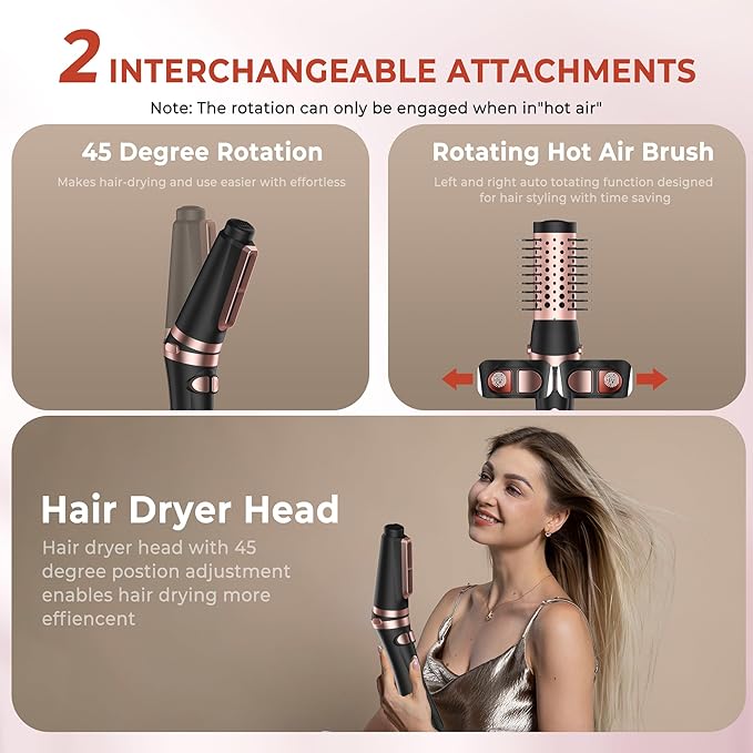 Rotating Hair Dryer Brush 2 in 1 Thermal Blow Brush Set with Auto Rotating 360° Fast Drying Multi-Temperature Settings Detachable Design Heated Hot Air Brush for Curling Volumizing Drying Hair (Black)