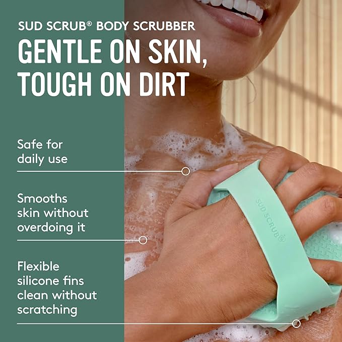 Sud Scrub® Antimicrobial Silicone Body Scrubber, Exfoliating Body Scrubber for Sensitive Skin, Eco Friendly Shower Scrubber for Body, Silicone Body Brush for Showering, Mint