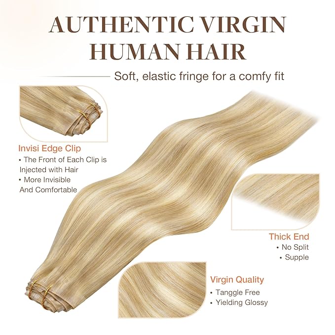 GOO GOO Invisi Edge Clip in Hair Extensions 14inch 110g 7Pcs Injected Seamless PU Clip in Hair Extensions, Virgin Real Human Hair, 18A/613A Dark Blonde Highlighted Bleach Blonde