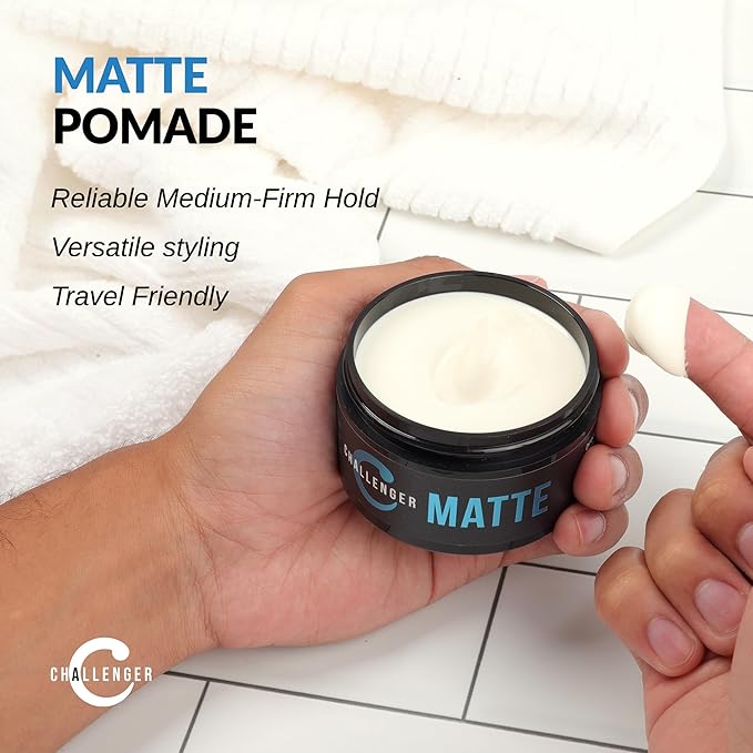 Challenger Matte Cream Pomade Combo | Natural, Shine Free Styling Product | Medium Firm All-Day Hold | Travel Friendly Water Based Hair Gel | For All Hair Types | 3oz and 1.5oz Jars