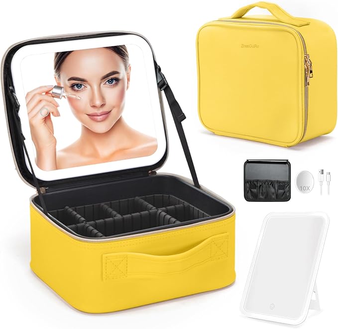 Gdsshuhung Makeup Bag with Mirror | Partitionable Professional Makeup Organizer | Large Travel Makeup Bag for Women | Cosmetic Case for Daily & On-the-Go Use (Light Yellow)