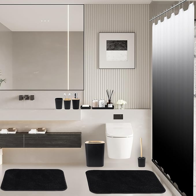 XLHOMO Bathroom Sets with Shower Curtain and Rugs,Black Bathroom Set with Bathroom Trash Can,Soap Dispenser,Toilet Brush,Toothbrush Set,Qtip Holders for Housewarming