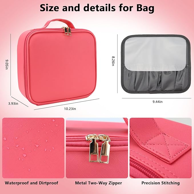 SLUMAZI Travel Makeup Bag with LED Mirror Travel Makeup Organizer with 3 Lighted Settings, Adjustable Dividers and Makeup Brush Storage Bag Light Red