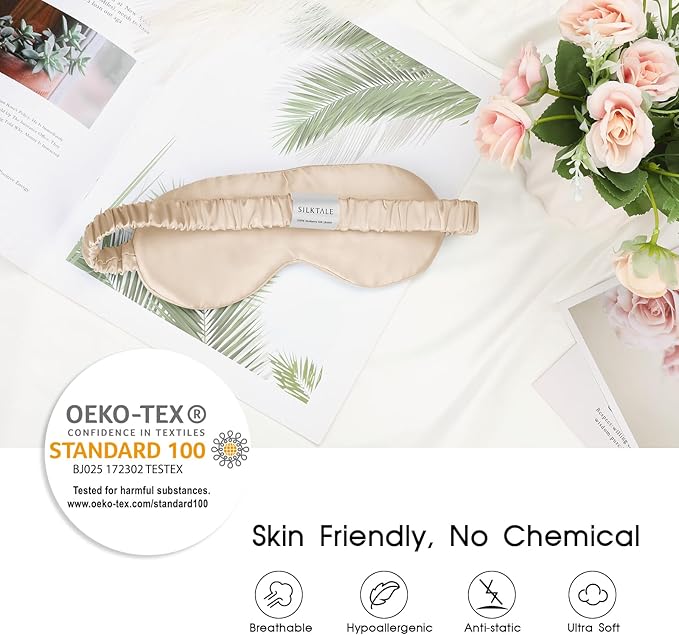 SILKTALE Soft Real Silk Light Blocking Cooling Sleep Eye Mask for Women/Men/Travel/Airplane,Beige