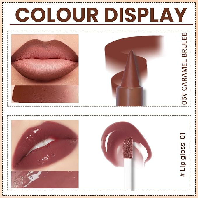 Lip Liner Gloss Set, Dark Red Plumping Lip Liner Lip Pencil Moisturizing Lightweight Lip Gloss Lip Combo, High Shine Glossy Lip Tint Lip Stain Makeup Long Lasting Lip Contour for Women