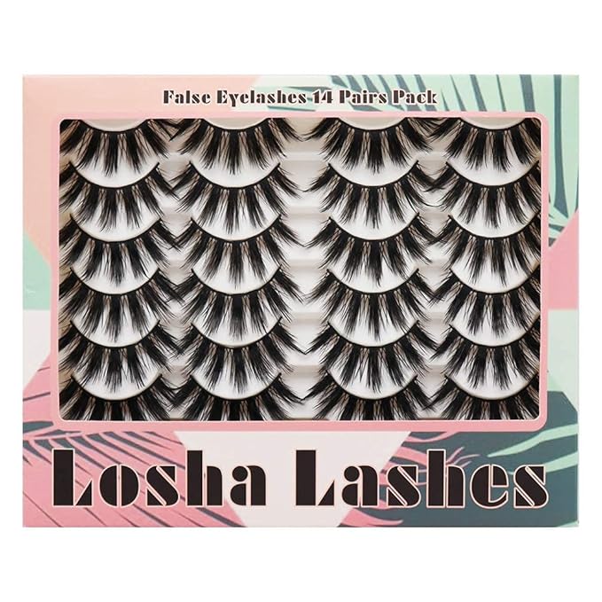Losha Eyelashes Natural Look Faux Mink Lashes Pack Handmade Fluffy False Eyelashes 14 Pairs Eye Lashes (F69)
