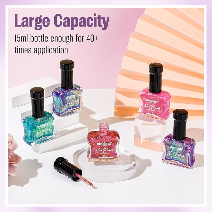 Glitter Nail Polish Blue Purple 15ml, Quick Drying Nail Polish Shimmer Glossy Regular Long-Lasting Air Dry Oil-Base Aurora Nail Art DIY for Ladies