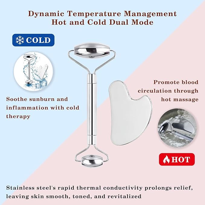 Stainless Steel Gua Sha and Face Roller Set Facial Massager Tools, Lymphatic Drainage Massager Metal Gua Sha Skin Self Care Gifts for Women