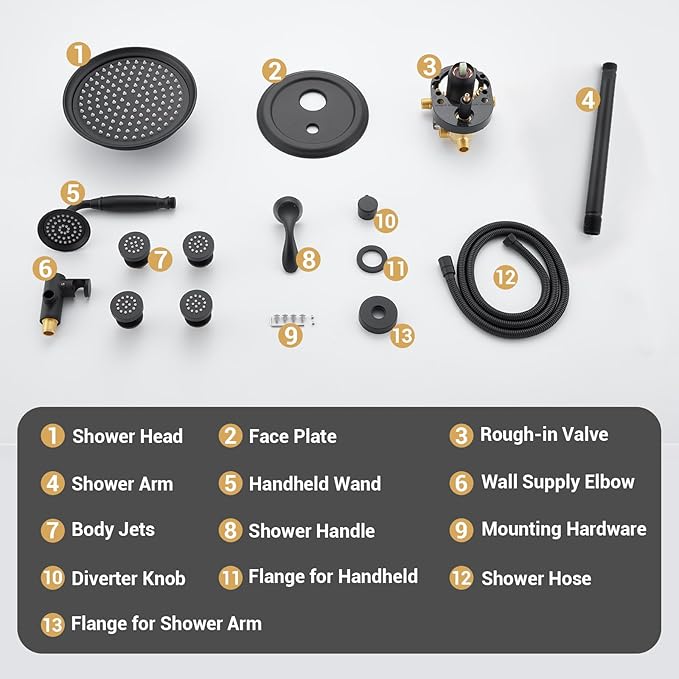 DASAN Antique Shower Faucet Sets Complete Rain Shower System in Wall with Body Shower Spray Jets, Matte Black Shower Fixtures with Rainfall Overhead Shower, Handheld, Shower Valve &Trim, AT249C-MB