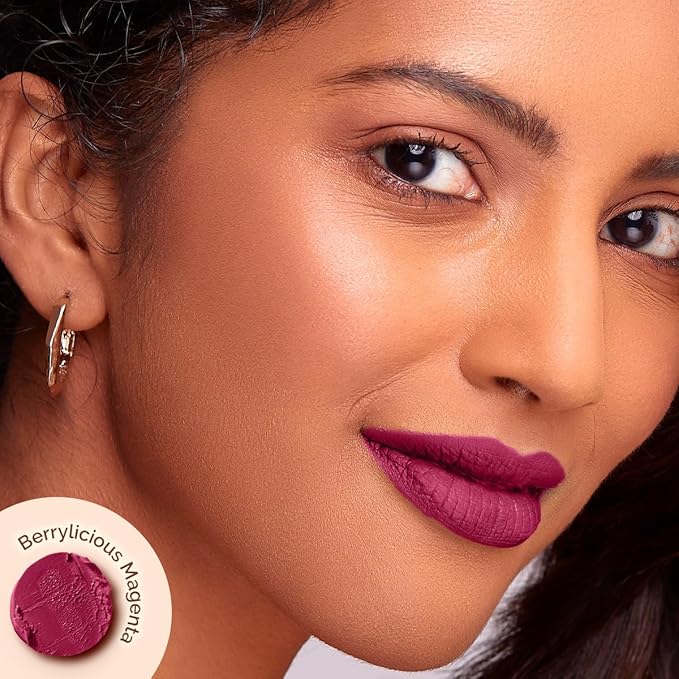 MAMAEARTH Moisture Matte Lipstick (Berrylicious Magenta) | Infused with Vitamin E | 12-Hour Long Stay & 8-Hour Moisture Lock | Cruelty-Free & Smudge-Proof | 0.07 Oz/2g