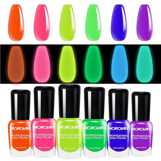 Morovan Neon Nail Polish Set: Glow in The Dark Fingernail Polish Kit Air Quick Dry Regular Nail Polish Pack for Halloween Christmas Winter Nail Art Gift Holiday Party
