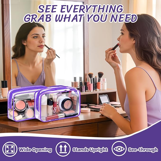 Eilyliafe Clear Cosmetic Bag Transparent Makeup Bag for Women Men Waterproof Travel Makeup Clear Toiletry Organizer Cosmetic Storage Pouch Case with Zipper (12, Purple, Medium)