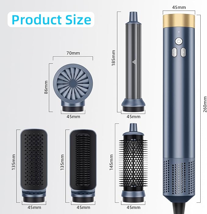 6-in-1 Hair Styler, Hair Dryer, Multi-Function Hot Air Brush Set, Ionic Blow Dryer with Interchangeable Attachments for Curling, Straightening, Volumizing, Gift for Women(Gemstone Blue)