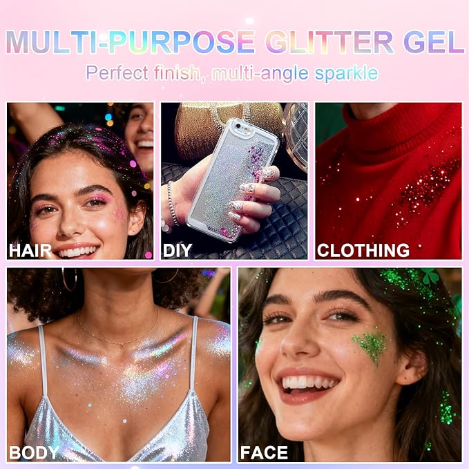 Roll-on Holographic Glitter Gel for Face & Hair, Sparkling Pink Shimmer Makeup, Color Changing Body Glitter for Festivals, Parties & Halloween, Chunky Mermaid Sequins Body Shimmer for Women(Champagne)