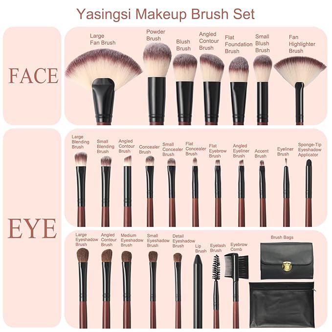 Yasingsi Makeup Brushes Set 26-Piece Makeup Brushes Premium Synthetic Foundation Powder Concealer Blush Eyeshadow Contour Professional Makeup Brush Set with 2 Brush Bags